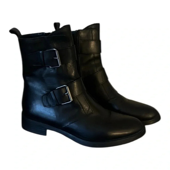 Emanuele Crasto Italian Made Leather Black Buckle Combat Moto Boots Size 8 - Picture 2 of 10